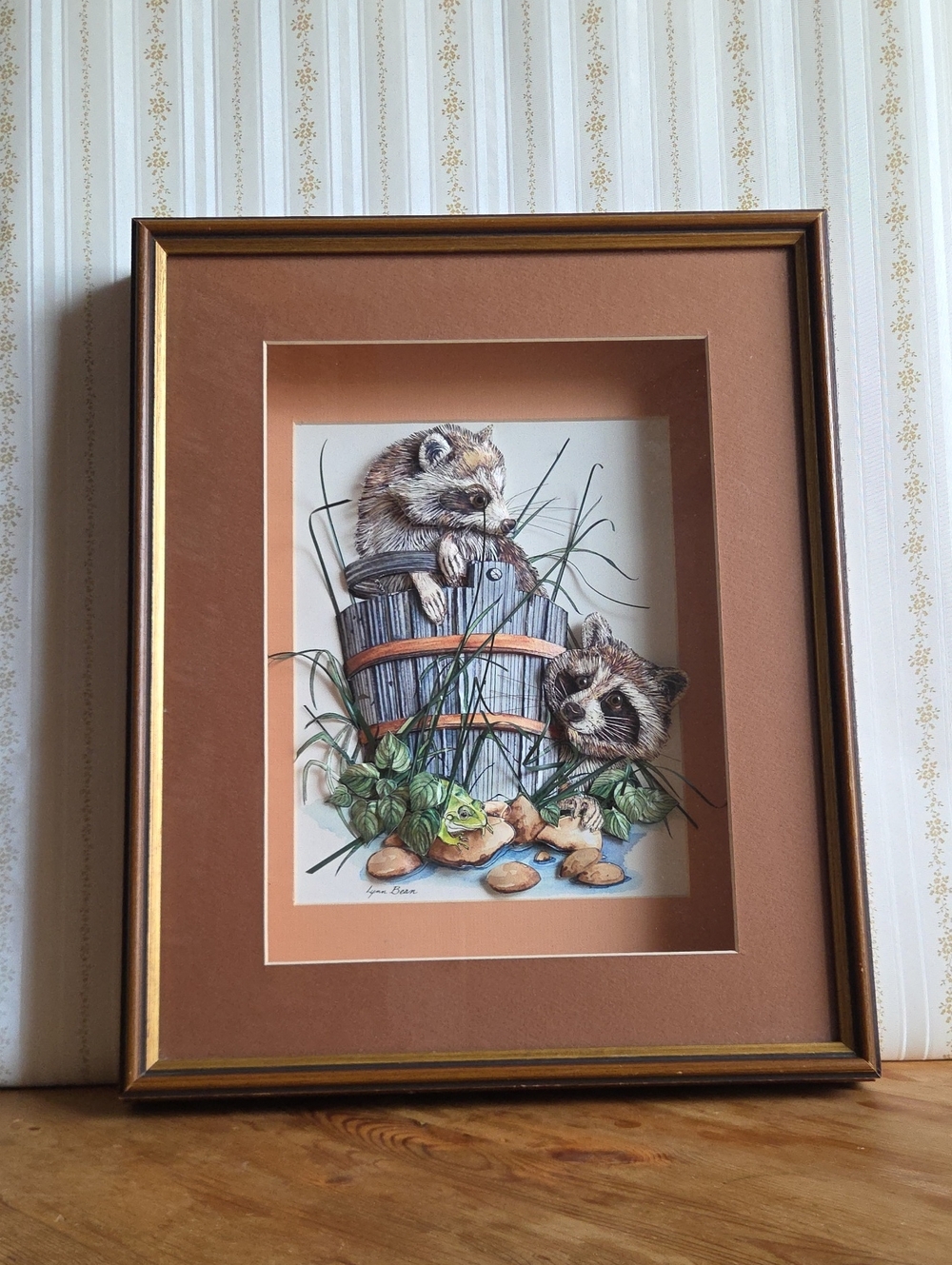 Vintage 3D Paper Tole Art Lynn Bean Raccoons Frog Shadow Box 13x16